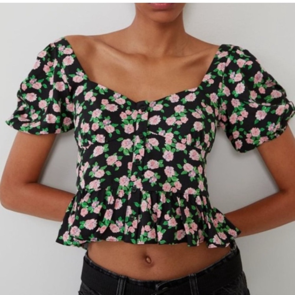 Zara Floral Puff Sleeve Milkmaid Crop Top  Medium V39